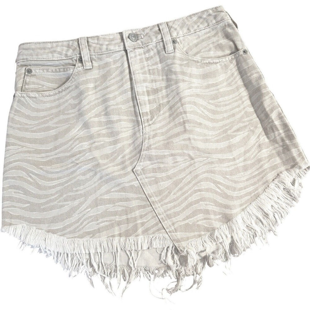 We Theā Free Tan Zebra Print Denim Mini Skirt Women's 28 Frayed Hem Free People